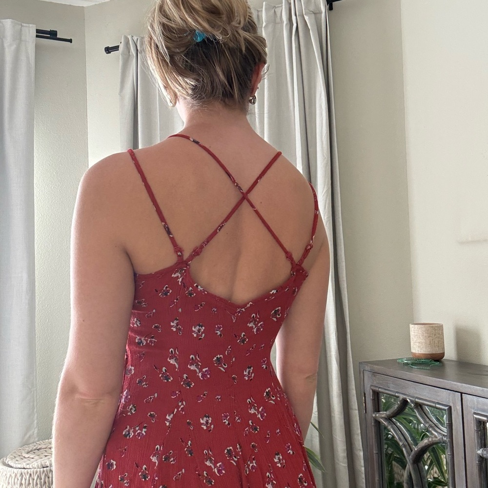 American Eagle Outfitters Red Floral Strapless Mini Dress with Crisscross Straps - Picture 6 of 8